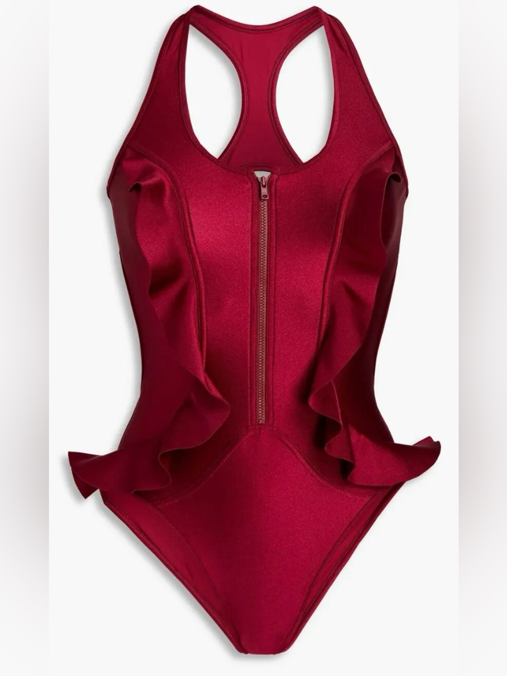 Zimmermann Ruffle Zip-Front One-Piece Swimsuit in color Ruby size 0